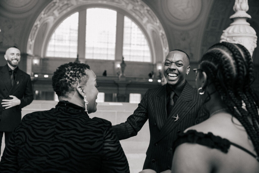 A group of people laughing.