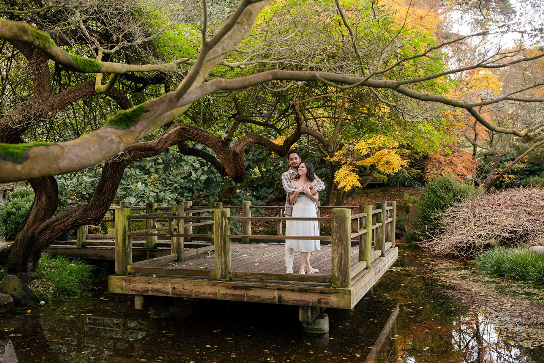 a couple at the san francisco botanical gardens in december taking engagement photos