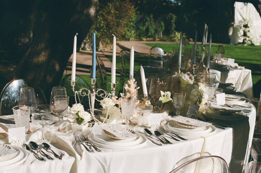 a wedding reception tablescape taken on 35mm film
