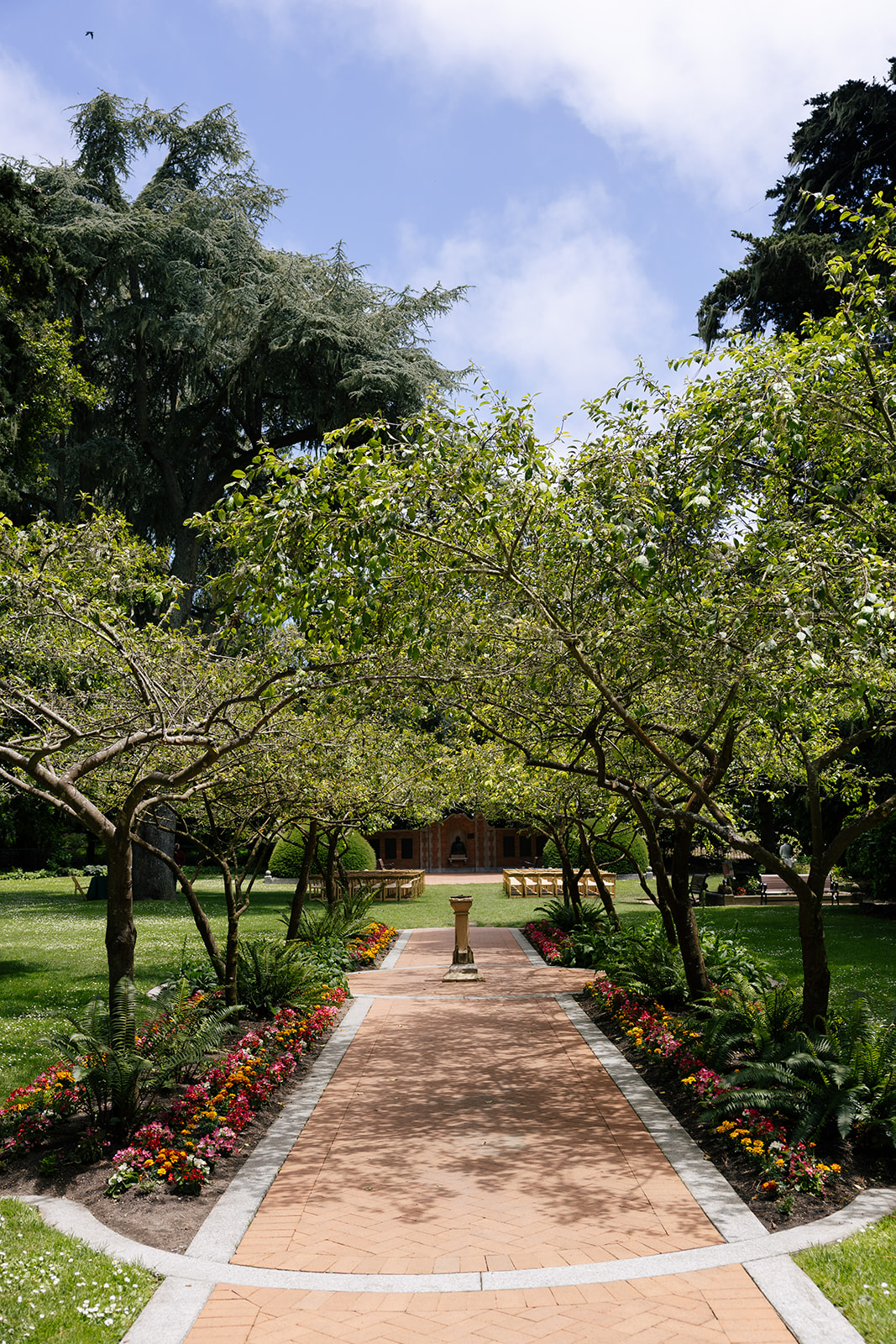 a pathway of trees and flowers at shakespeare garden in golden gate park