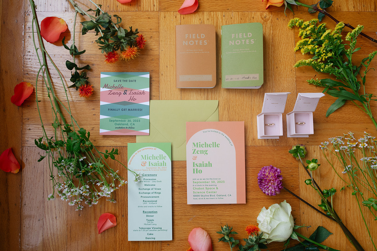 A wedding flay lay photo with small journals, wedding rings, colorful florals, and invitations laid out together